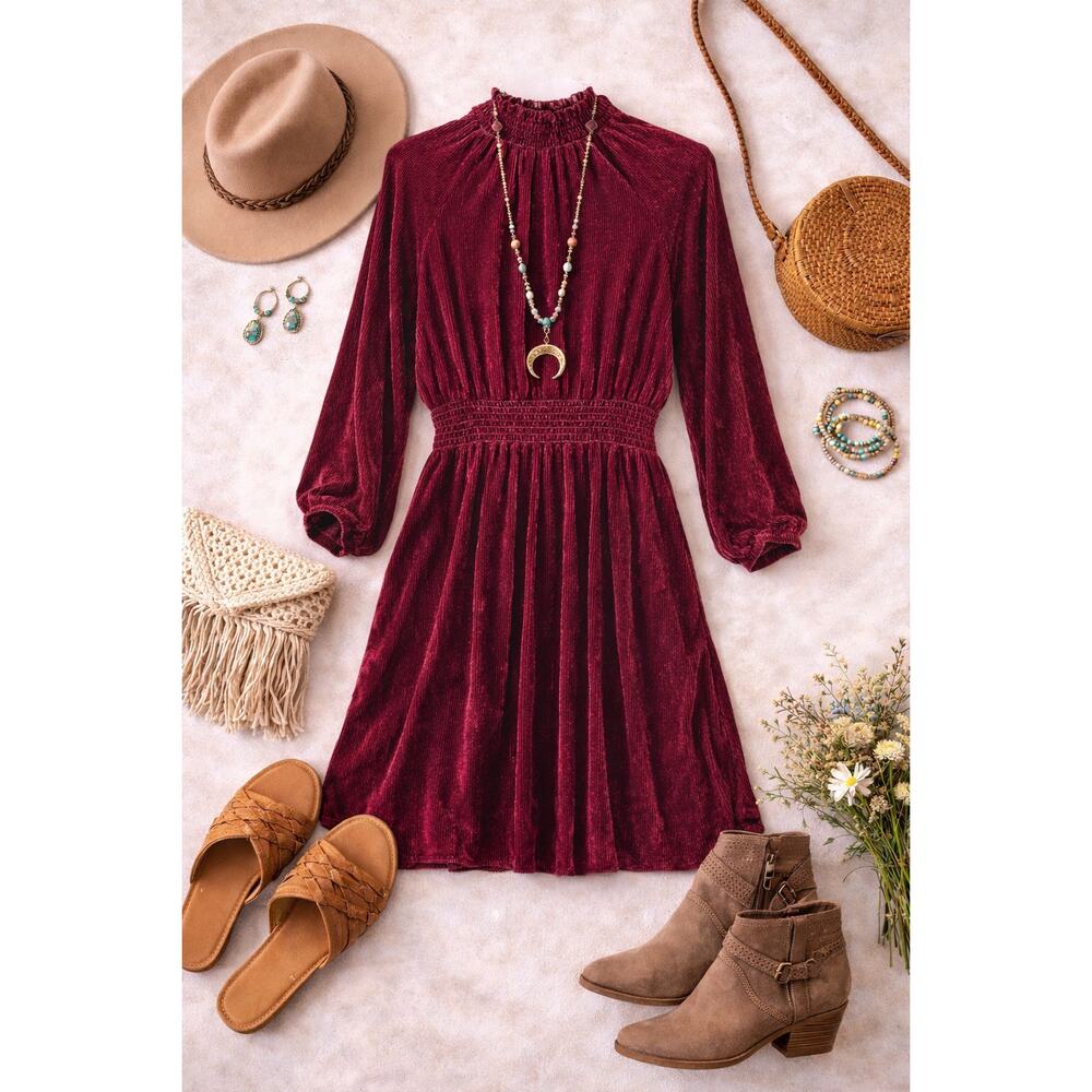 Bella Dahl Velvet Dress Silk Blend Burnt Orange Smocked Waist Boho XS